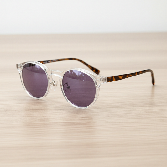 Erin Purple Tinted Lens Sunglasses - Clear Round TR90 Frame - Lifestyle Shot