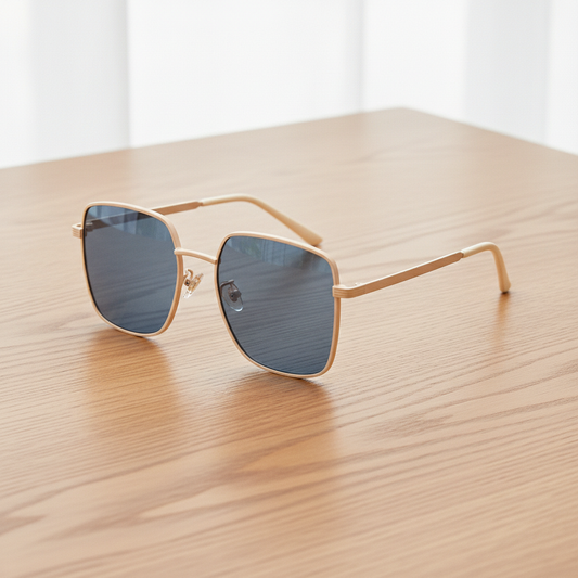 Jade Blue Tinted Lens Sunglasses - Gold Square Metal Frame - Lifestyle Shot