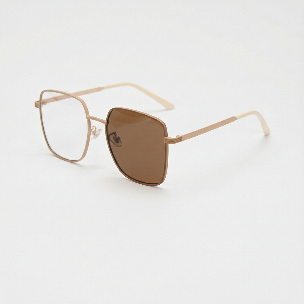Jade Brown Photochromic Lens Glasses - Gold Square Metal Frame - Side View