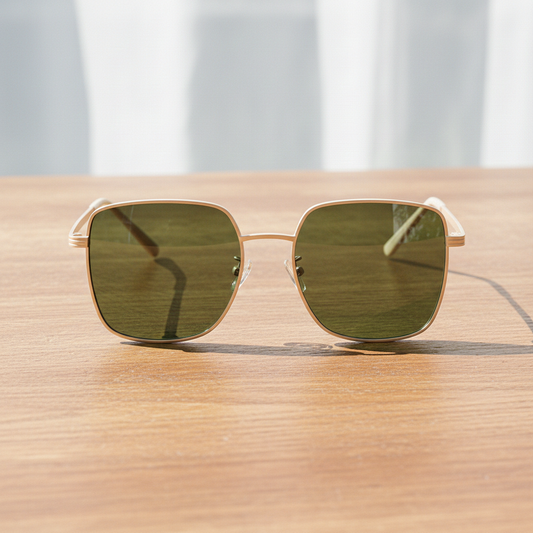 Jade Green Tinted Lens Sunglasses - Gold Square Metal Frame - Lifestyle Shot
