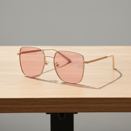 Jade Pink Tinted Lens Sunglasses - Gold Square Metal Frame - Lifestyle Shot