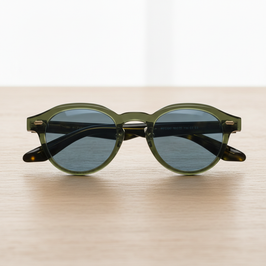 Lena Blue Tinted Lens Sunglasses - Olive green Round TR90 Frame - Lifestyle Shot