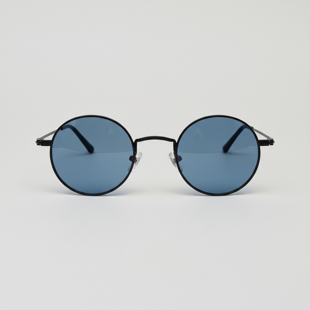 LVY Blue Tinted Lens Sunglasses - Matte black Round Titanium Frame - Front View