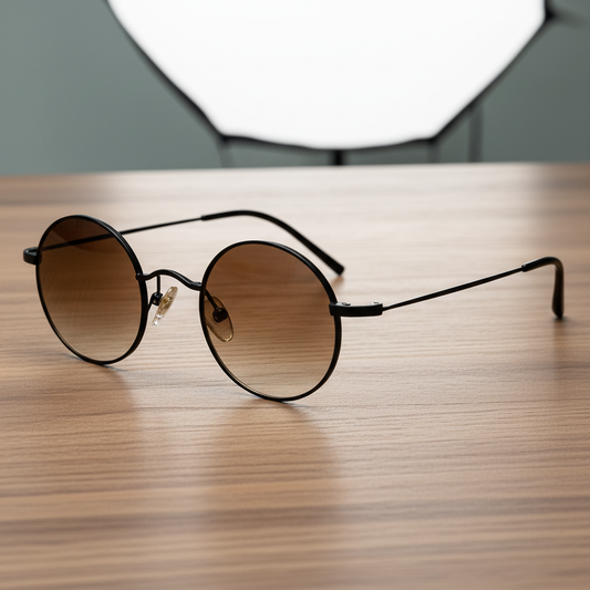 LVY Brown Gradient Lens Sunglasses - Matte black Round Titanium Frame - Lifestyle Shot
