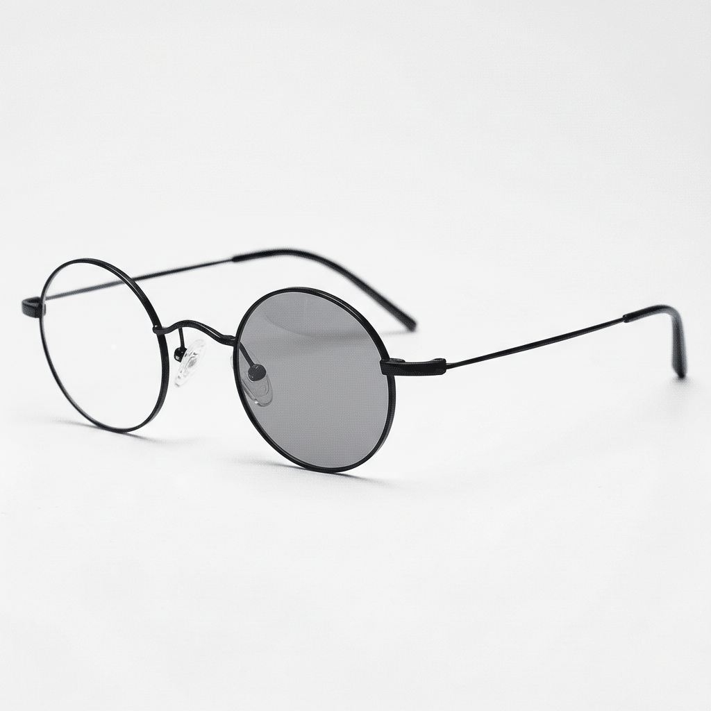 LVY Grey Photochromic Lens Glasses - Matte black Round Titanium Frame - Side View