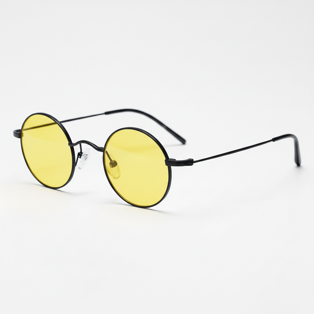 LVY Yellow Tinted Lens Sunglasses - Matte black Round Titanium Frame - Side View