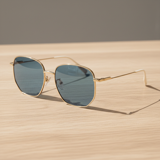 Ruth Blue Tinted Lens Sunglasses - Gold Geometric Metal Frame - Lifestyle Shot