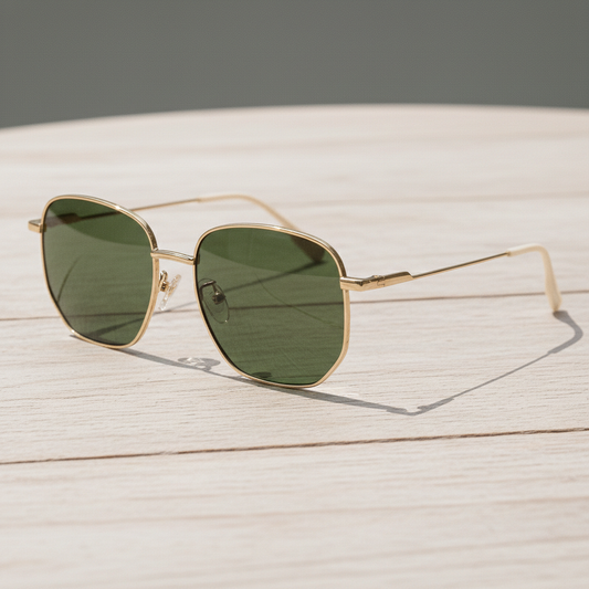 Ruth Green Tinted Lens Sunglasses - Gold Geometric Metal Frame - Lifestyle Shot