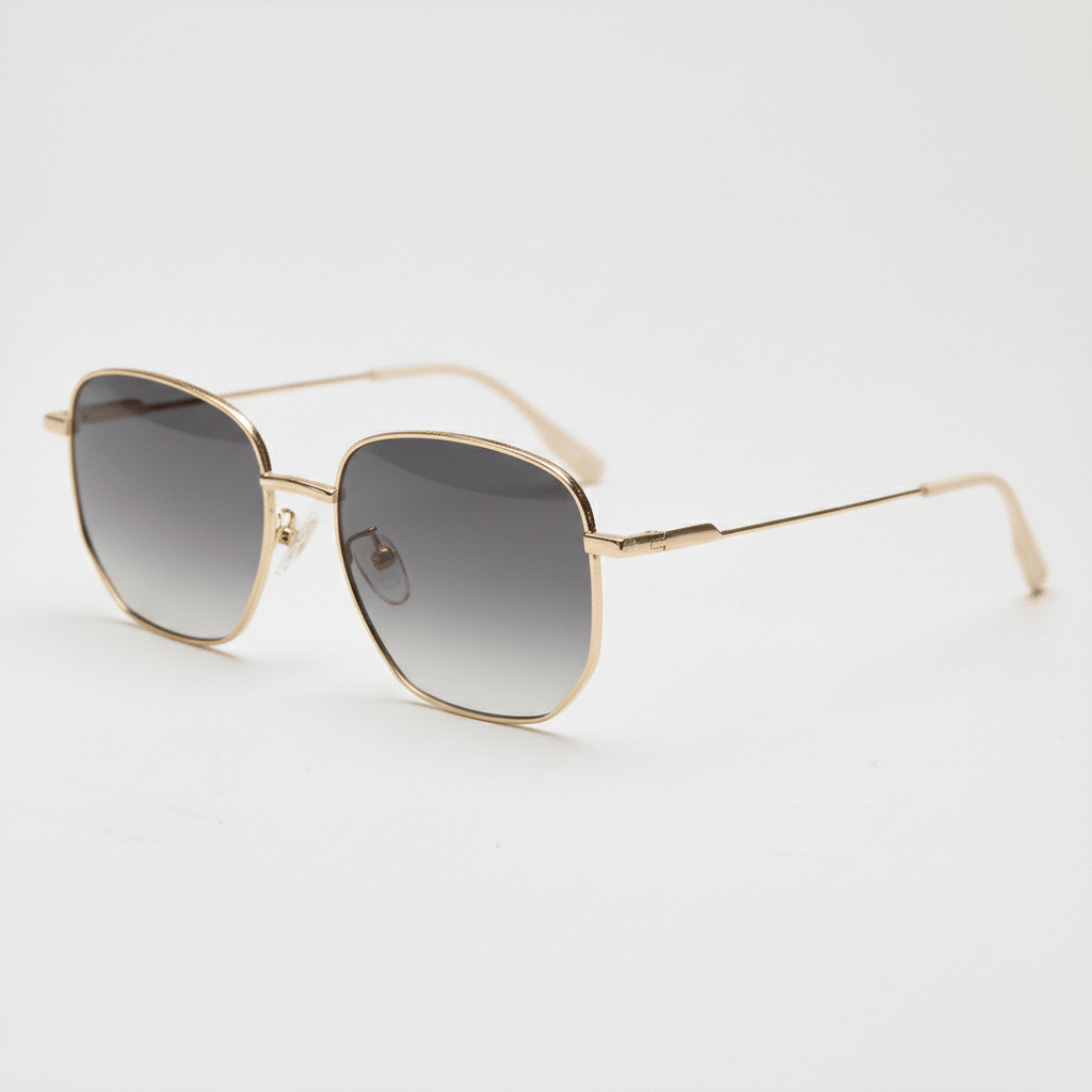 Ruth Grey Gradient Lens Sunglasses - Gold Geometric Metal Frame - Side View