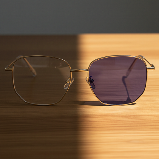 Ruth Purple Photochromic Lens Glasses - Gold Geometric Metal Frame - Lifestyle Shot