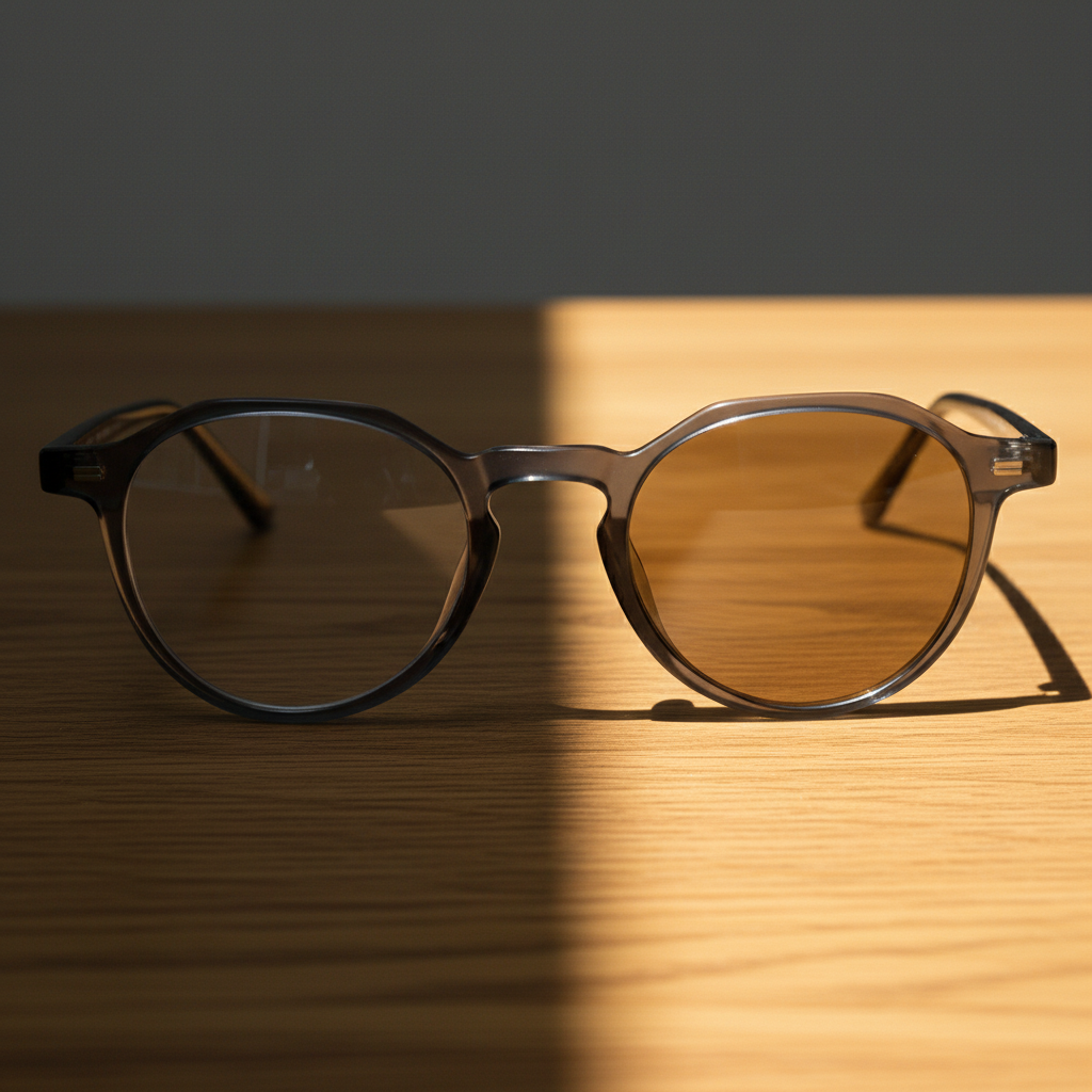 Cherry Brown Photochromic Lens Glasses - Grey Geometric TR90 Frame - Lifestyle Shot