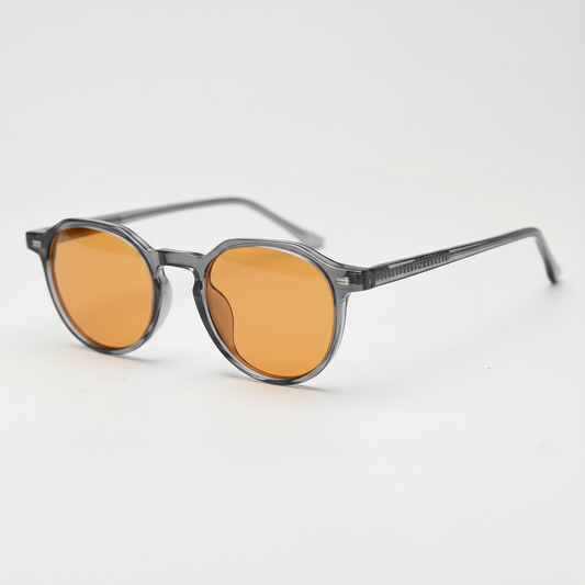 Cherry Orange Tinted Lens Sunglasses - Grey Geometric TR90 Frame - Side View