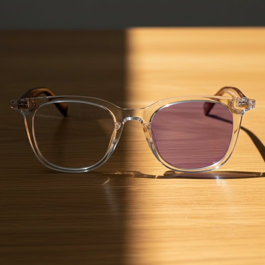 Faith Purple Photochromic Lens Glasses - Clear Rectangle TR90 Frame - Lifestyle Shot