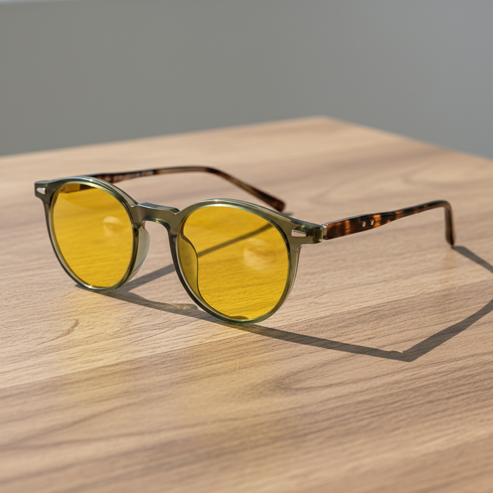 Ida Yellow Tinted Lens Sunglasses - Green Round TR90 Frame