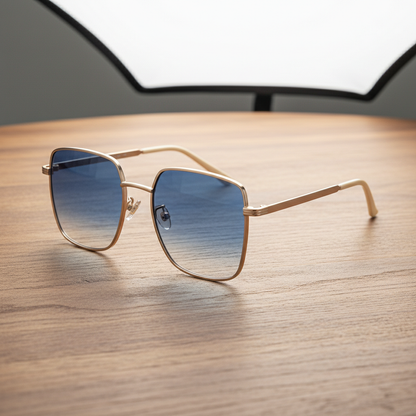 Jade Blue Gradient Lens Sunglasses - Gold Square Metal Frame - Lifestyle Shot