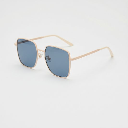 Jade Blue Tinted Lens Sunglasses - Gold Square Metal Frame - Side View
