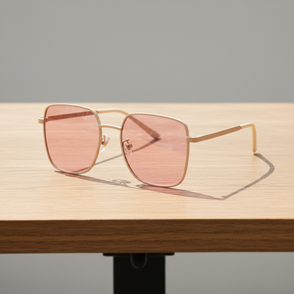 Jade Pink Tinted Lens Sunglasses - Gold Square Metal Frame - Lifestyle Shot