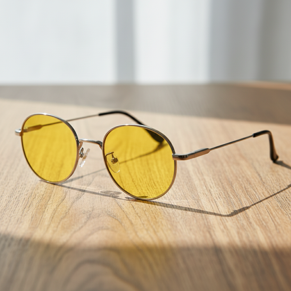 June Yellow Tinted Lens Sunglasses - Silver Round Stainless steel Frame
