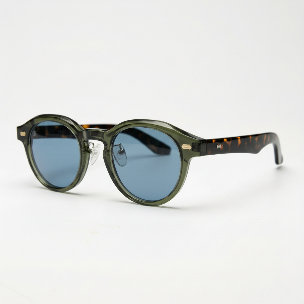 Lena Blue Tinted Lens Sunglasses - Olive green Round TR90 Frame - Side View