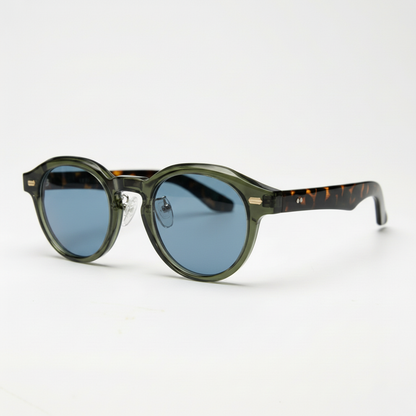 Lena Blue Tinted Lens Sunglasses - Olive green Round TR90 Frame - Side View