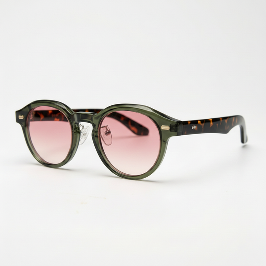 Lena Pink Gradient Lens Sunglasses - Olive green Round TR90 Frame - Side View