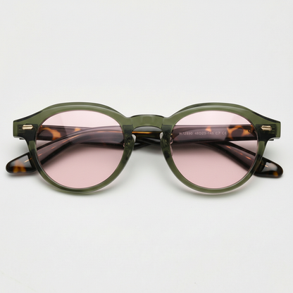 Lena Pink Tinted Lens Sunglasses - Olive green Round TR90 Frame - Front View