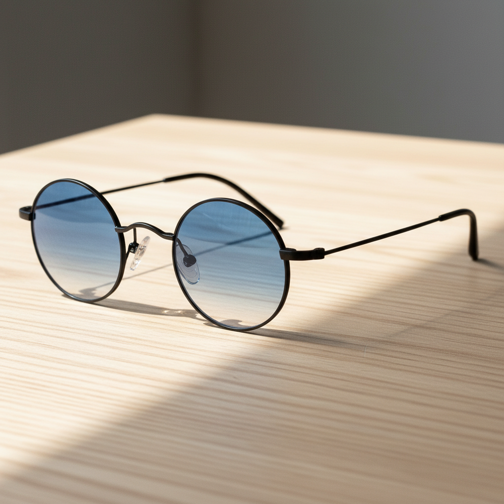 LVY Blue Gradient Lens Sunglasses - Matte black Round Titanium Frame - Lifestyle Shot