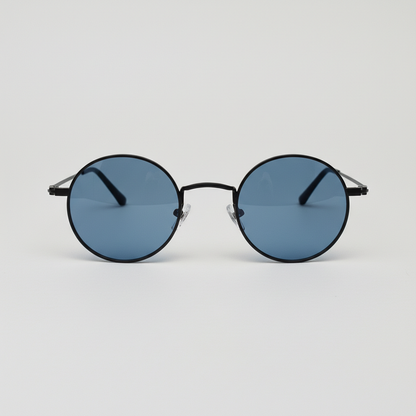LVY Blue Tinted Lens Sunglasses - Matte black Round Titanium Frame - Front View