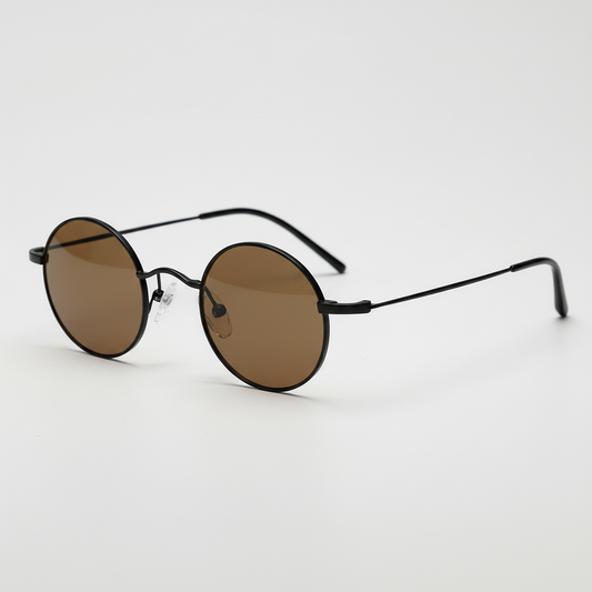 LVY Brown Tinted Lens Sunglasses - Matte black Round Titanium Frame - Side View
