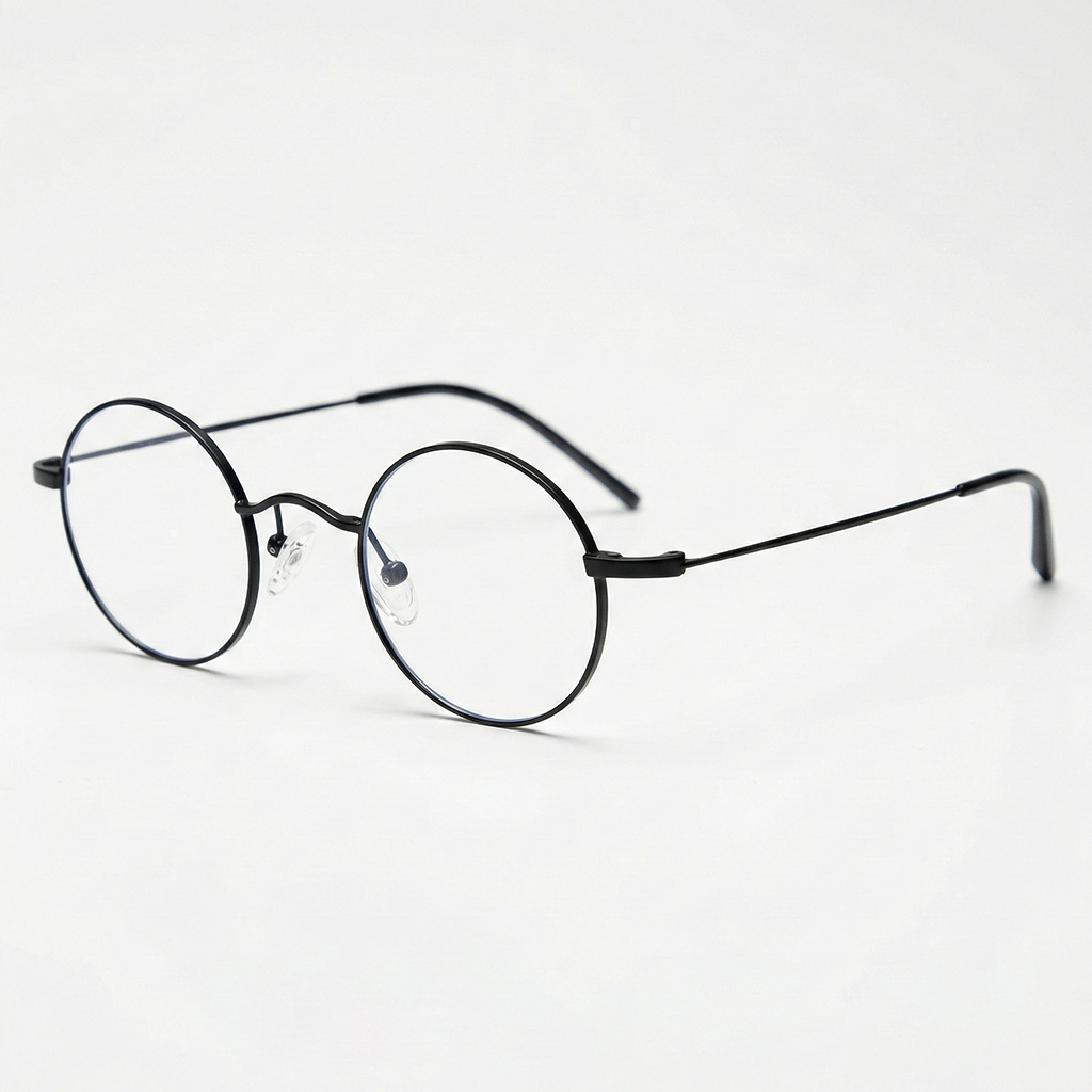 LVY Clear Lens Glasses - Matte black Round Titanium Frame - Side View