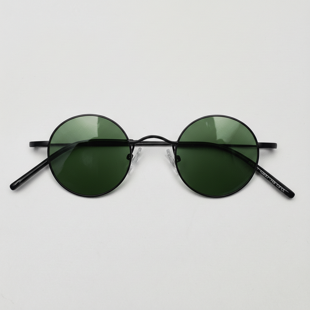 LVY Green Tinted Lens Sunglasses - Matte black Round Titanium Frame - Front View