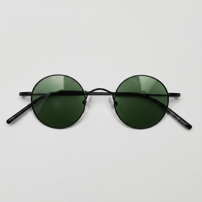 LVY Green Tinted Lens Sunglasses - Matte black Round Titanium Frame - Front View