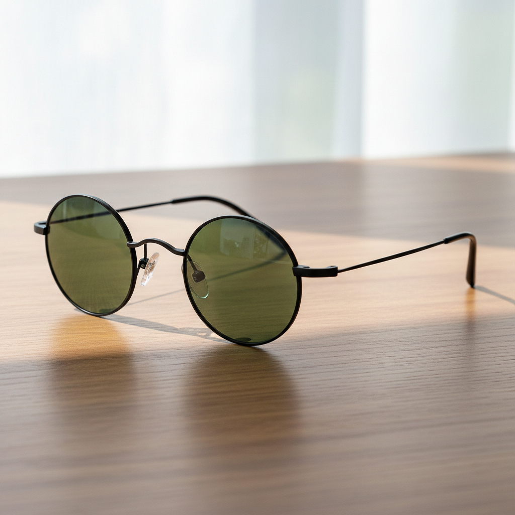 LVY Green Tinted Lens Sunglasses - Matte black Round Titanium Frame - Lifestyle Shot