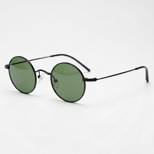 LVY Green Tinted Lens Sunglasses - Matte black Round Titanium Frame - Side View