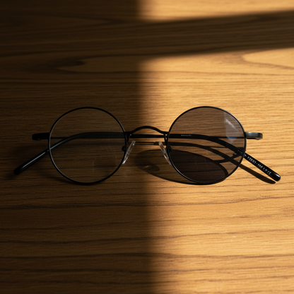 LVY Grey Photochromic Lens Glasses - Matte black Round Titanium Frame - Lifestyle Shot