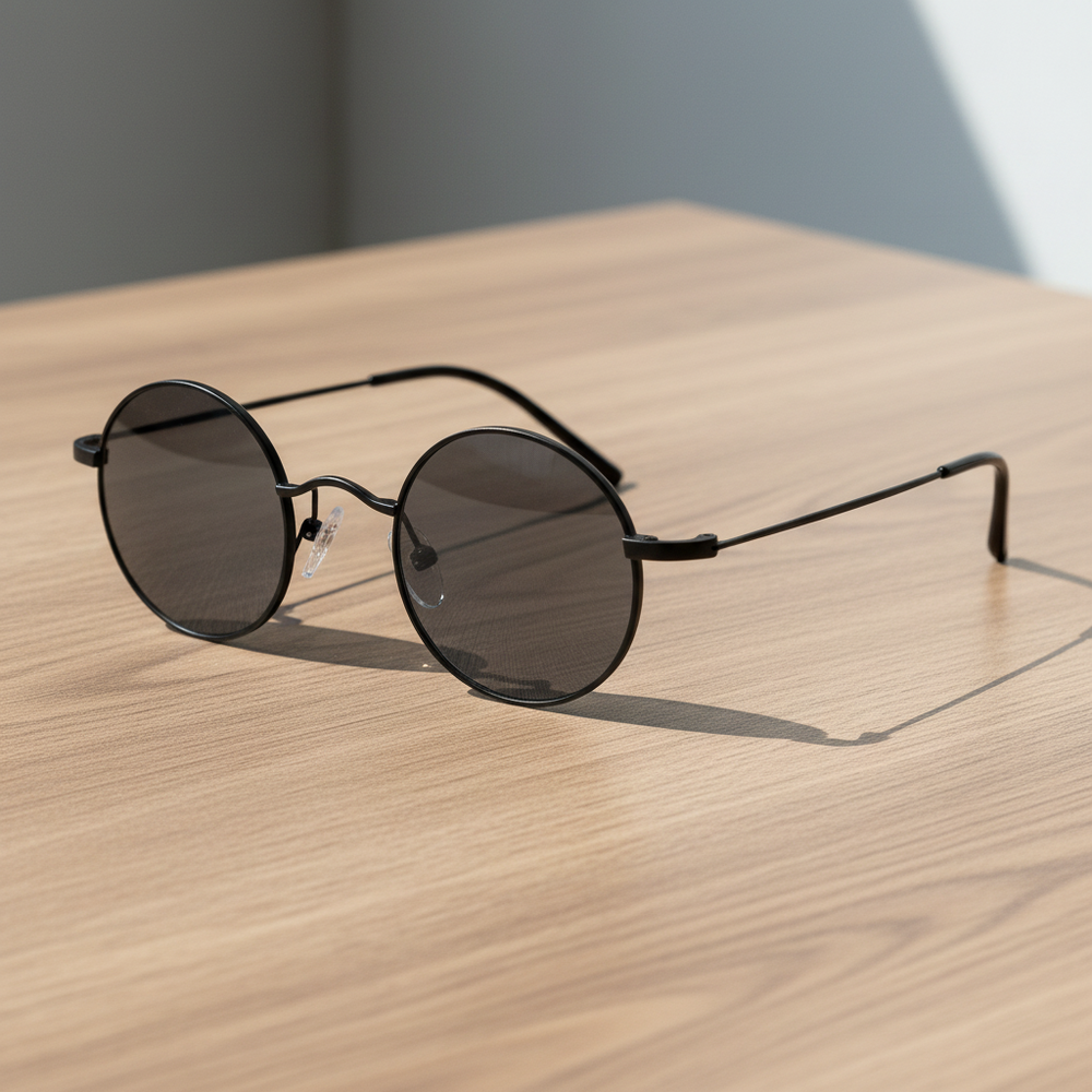 LVY Grey Tinted Lens Sunglasses - Matte black Round Titanium Frame