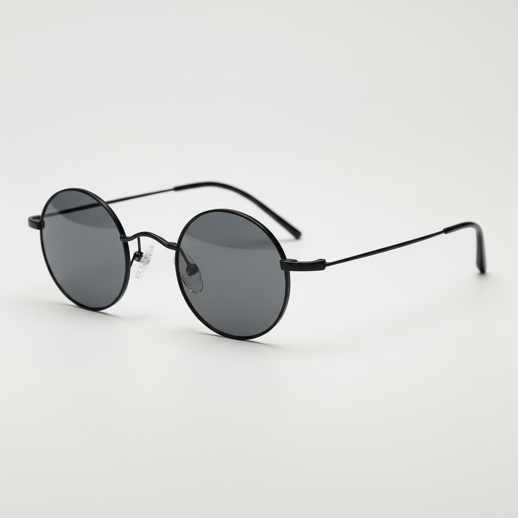 LVY Grey Tinted Lens Sunglasses - Matte black Round Titanium Frame - Side View
