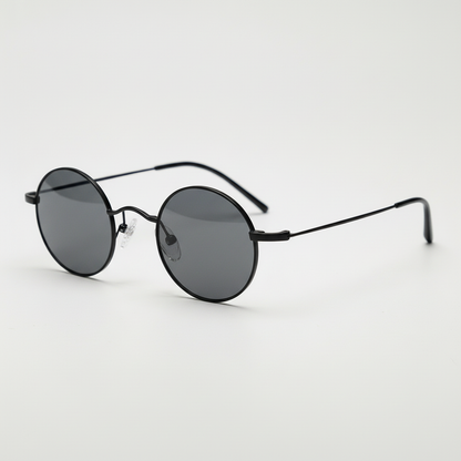 LVY Grey Tinted Lens Sunglasses - Matte black Round Titanium Frame - Side View