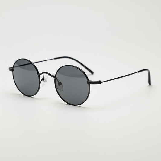 LVY Grey Tinted Lens Sunglasses - Matte black Round Titanium Frame - Side View