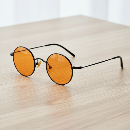 LVY Orange Tinted Lens Sunglasses - Matte black Round Titanium Frame - Lifestyle Shot