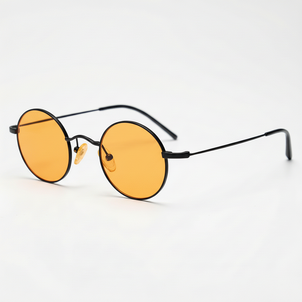 LVY Orange Tinted Lens Sunglasses - Matte black Round Titanium Frame - Side View
