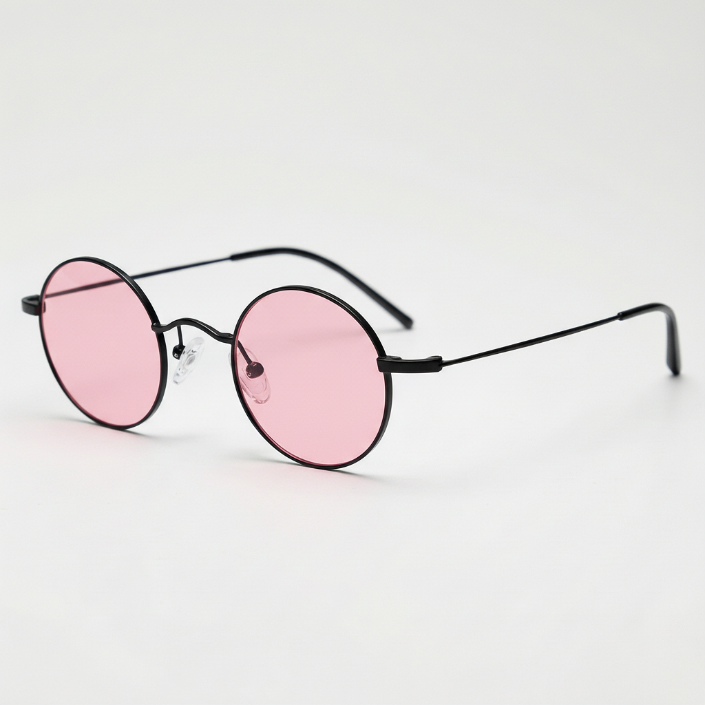 LVY Pink Tinted Lens Sunglasses - Matte black Round Titanium Frame - Side View