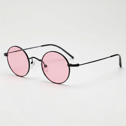 LVY Pink Tinted Lens Sunglasses - Matte black Round Titanium Frame - Side View