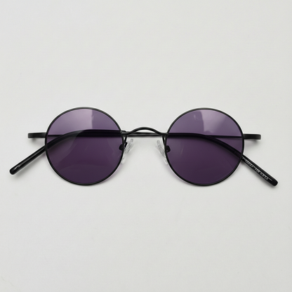 LVY Purple Tinted Lens Sunglasses - Matte black Round Titanium Frame - Front View