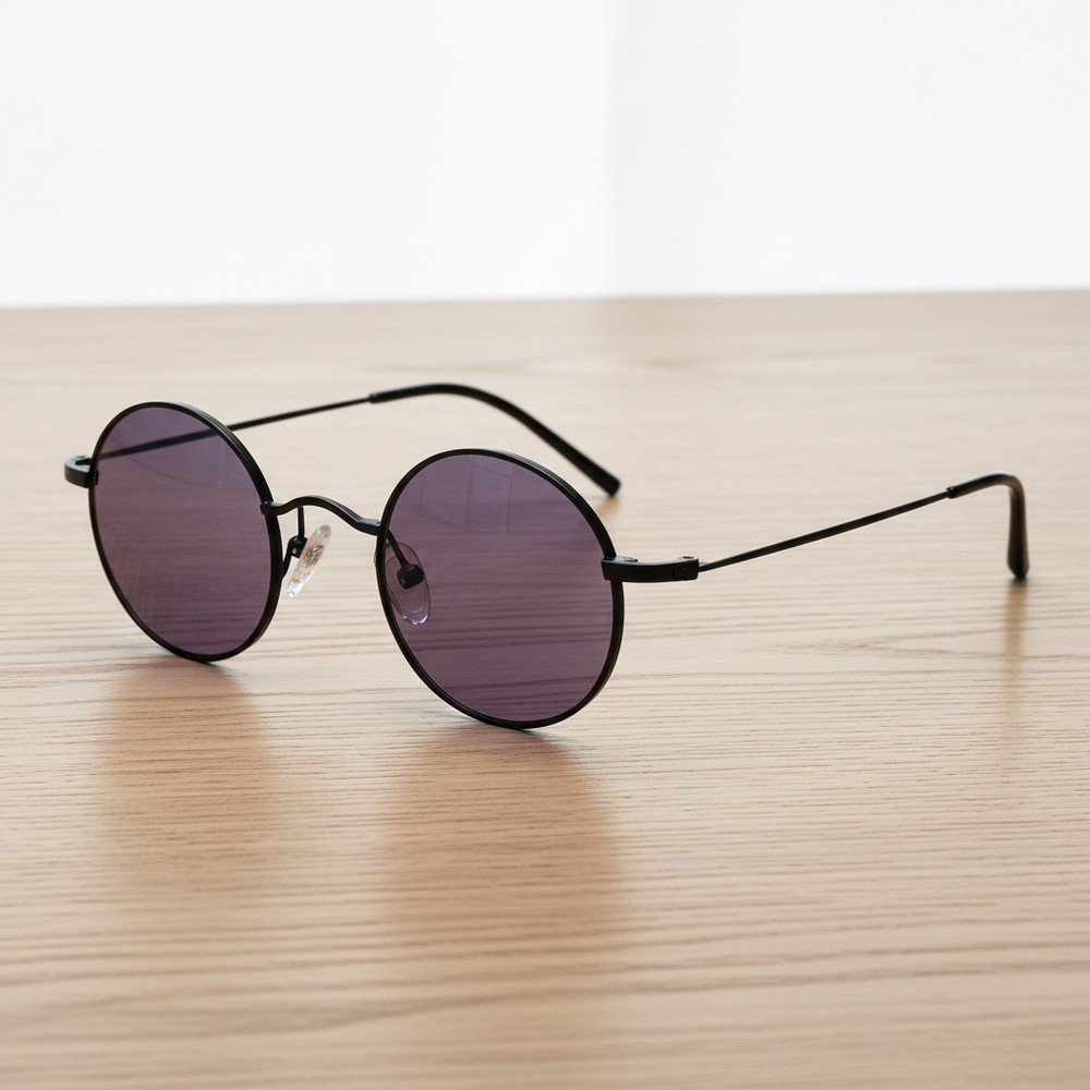 LVY Purple Tinted Lens Sunglasses - Matte black Round Titanium Frame
