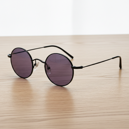 LVY Purple Tinted Lens Sunglasses - Matte black Round Titanium Frame - Lifestyle Shot