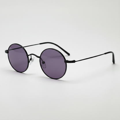 LVY Purple Tinted Lens Sunglasses - Matte black Round Titanium Frame - Side View