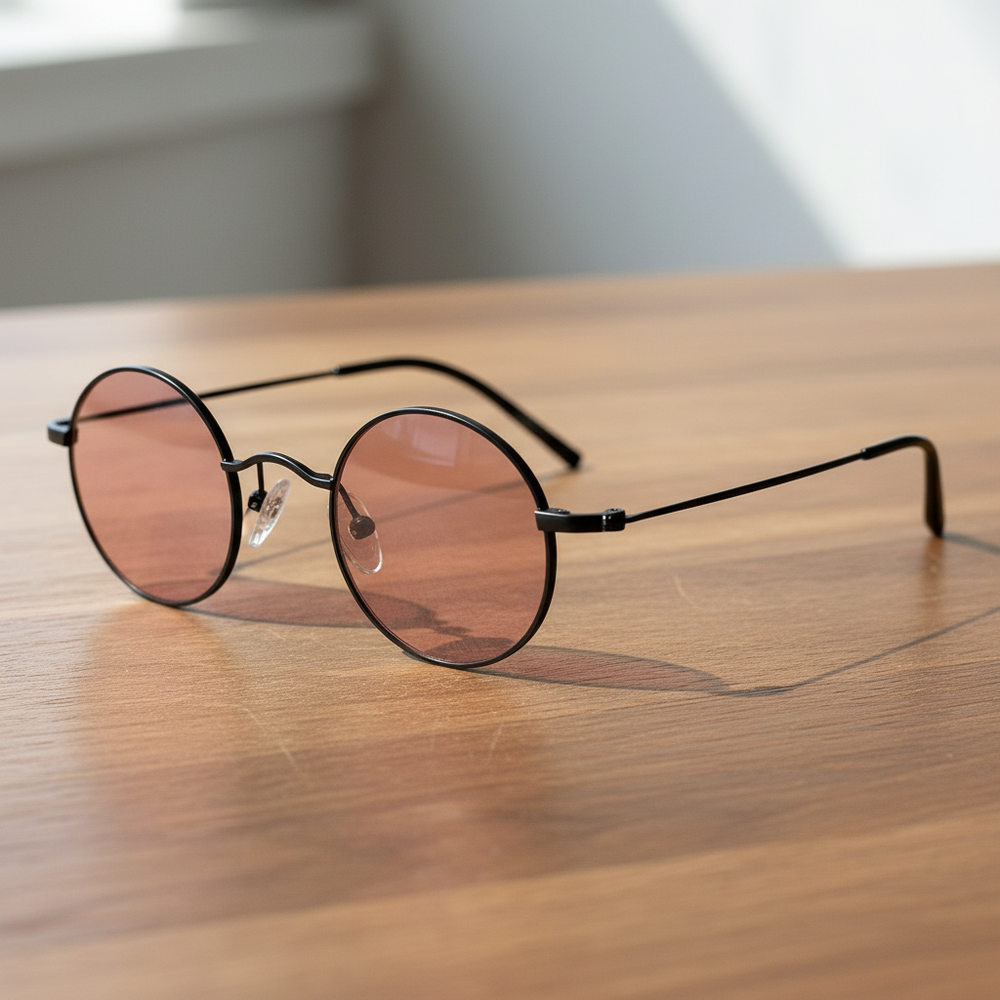 LVY FL-41 Rose Tinted Lens Glasses - Matte black Round Titanium Frame