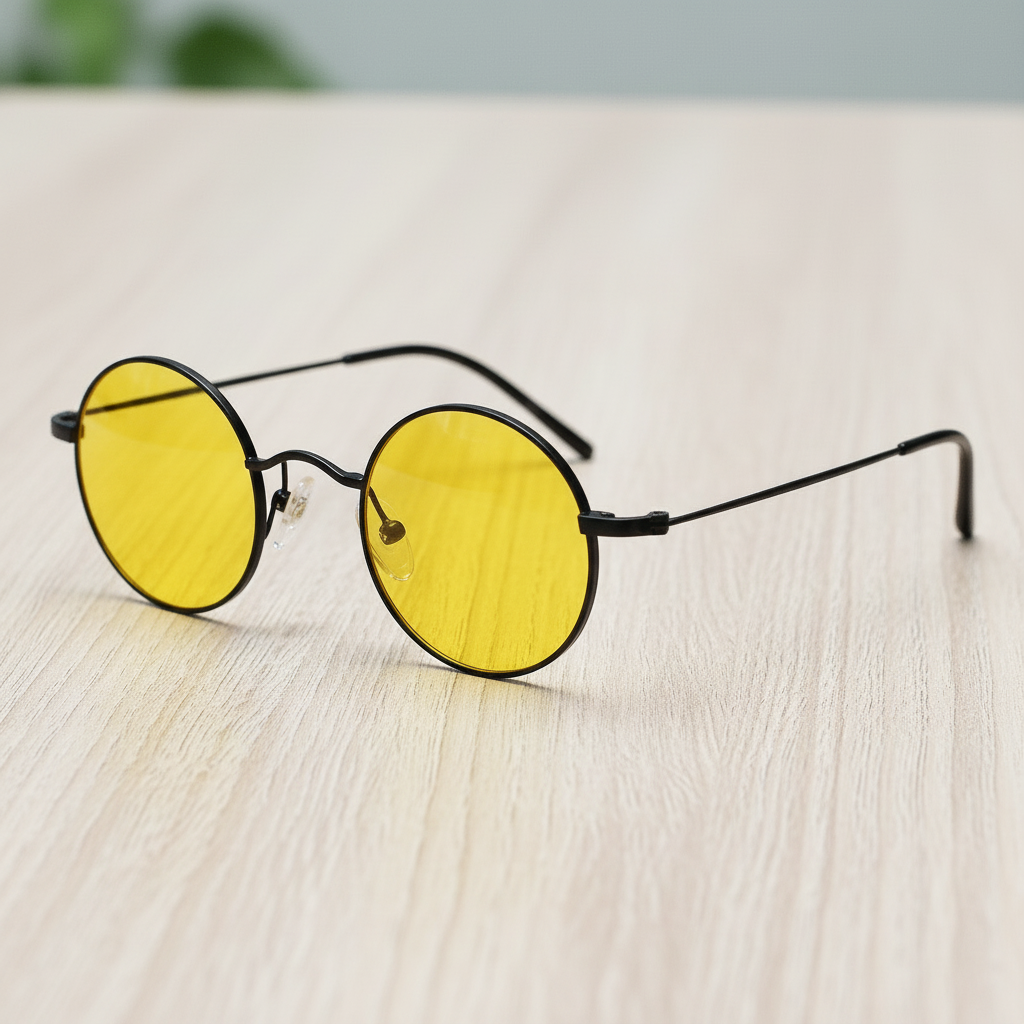 LVY Yellow Tinted Lens Sunglasses - Matte black Round Titanium Frame - Lifestyle Shot