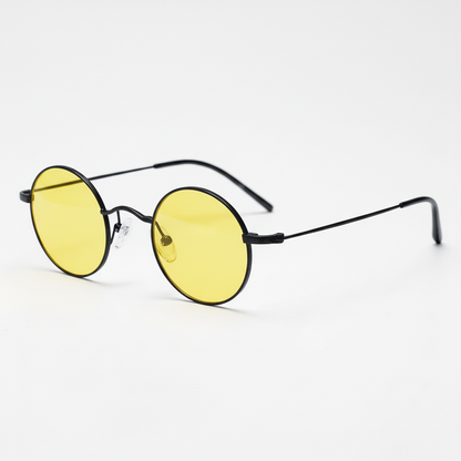 LVY Yellow Tinted Lens Sunglasses - Matte black Round Titanium Frame - Side View
